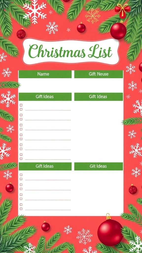 A colorful Christmas list background template with festive designs for organizing holiday gifts.